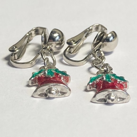 Vintage Christmas Bells Holly Clip On Earrings Red Green Enamel Silver Tone - Picture 4 of 8